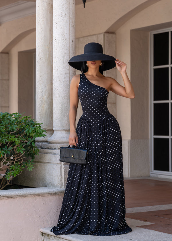 Temple of Desire Ruched Polkas Maxi Dress Black