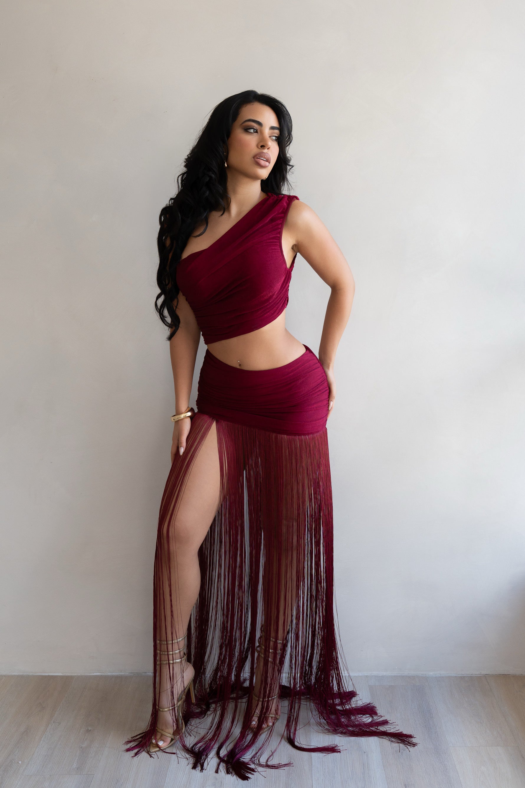 Sensuelle Command Fringes Ruched Maxi Dress Red