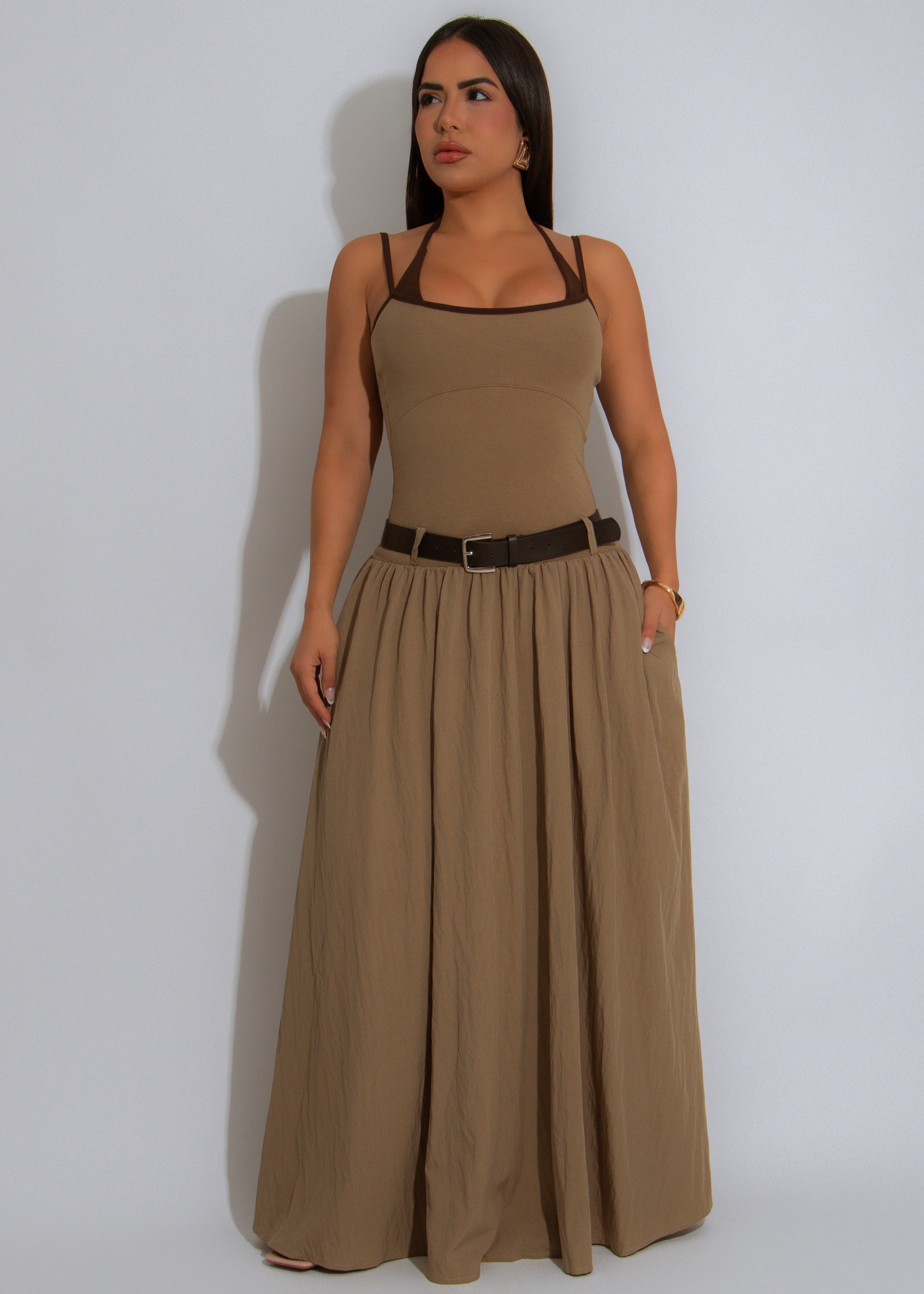 Terrain Tempo Ruched Ribbed Maxi Dress Green