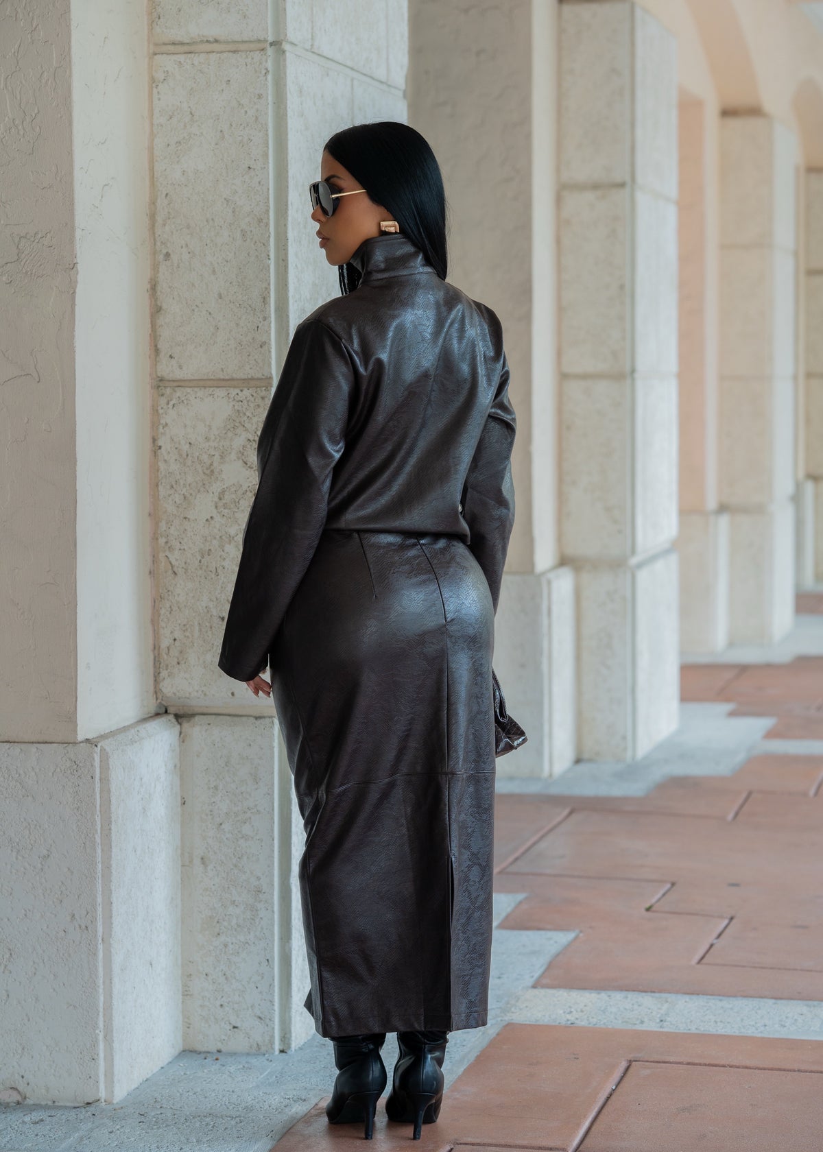 Modern Icon Funnel Neck Leather Skirt Set Brown