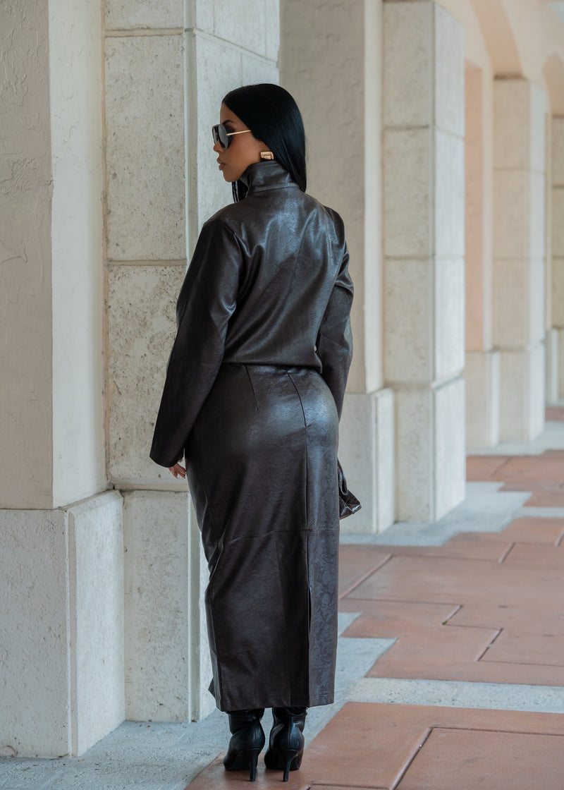 Modern Icon Funnel Neck Leather Skirt Set Brown
