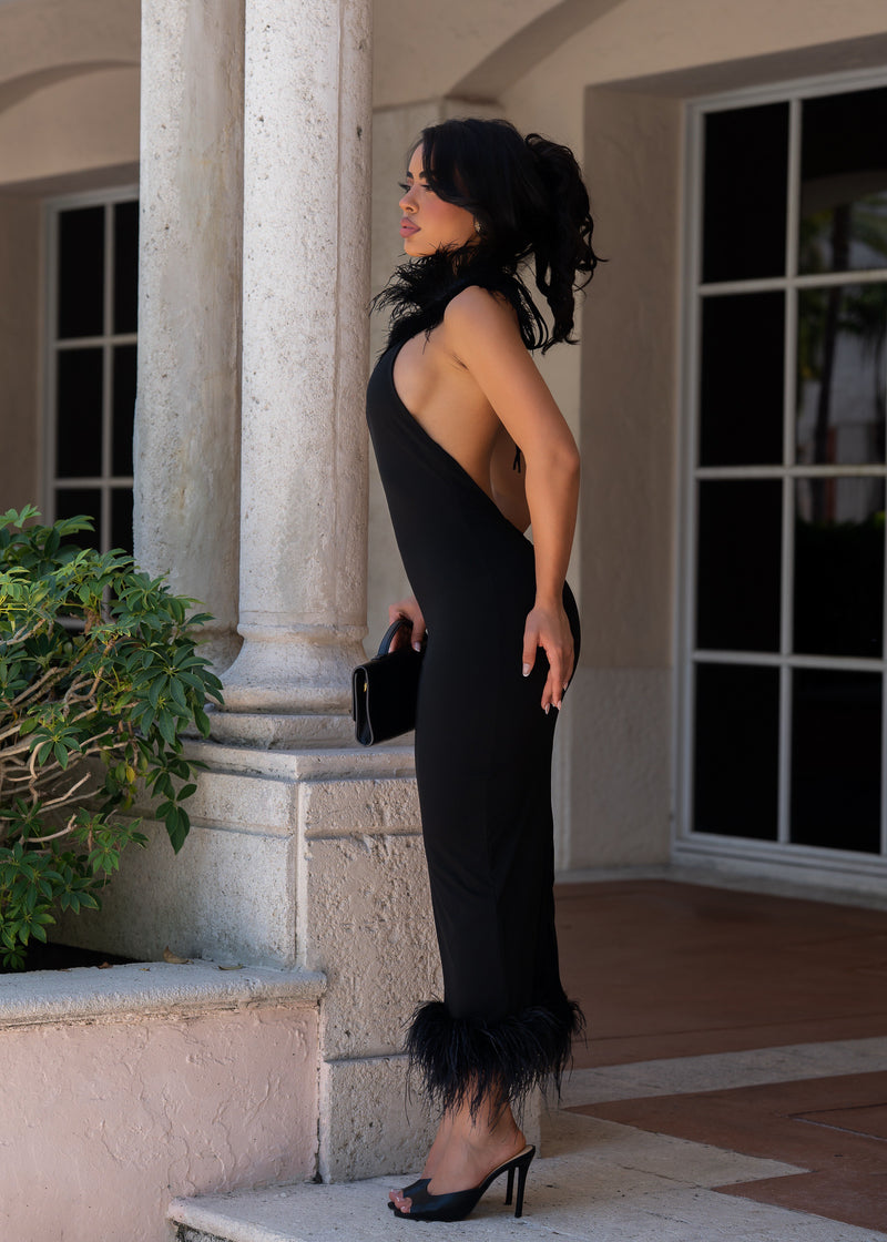 Private Desire Feather Trim Midi Dress Black
