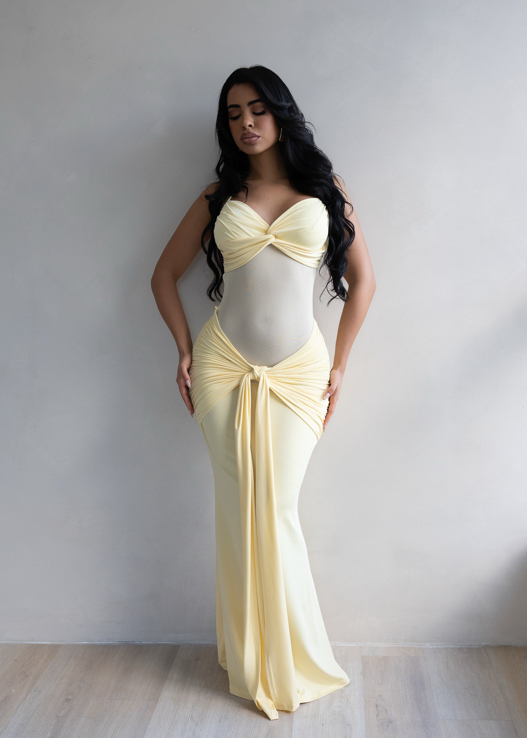 Forbidden Allure Ruched Mesh Maxi Dress Yellow