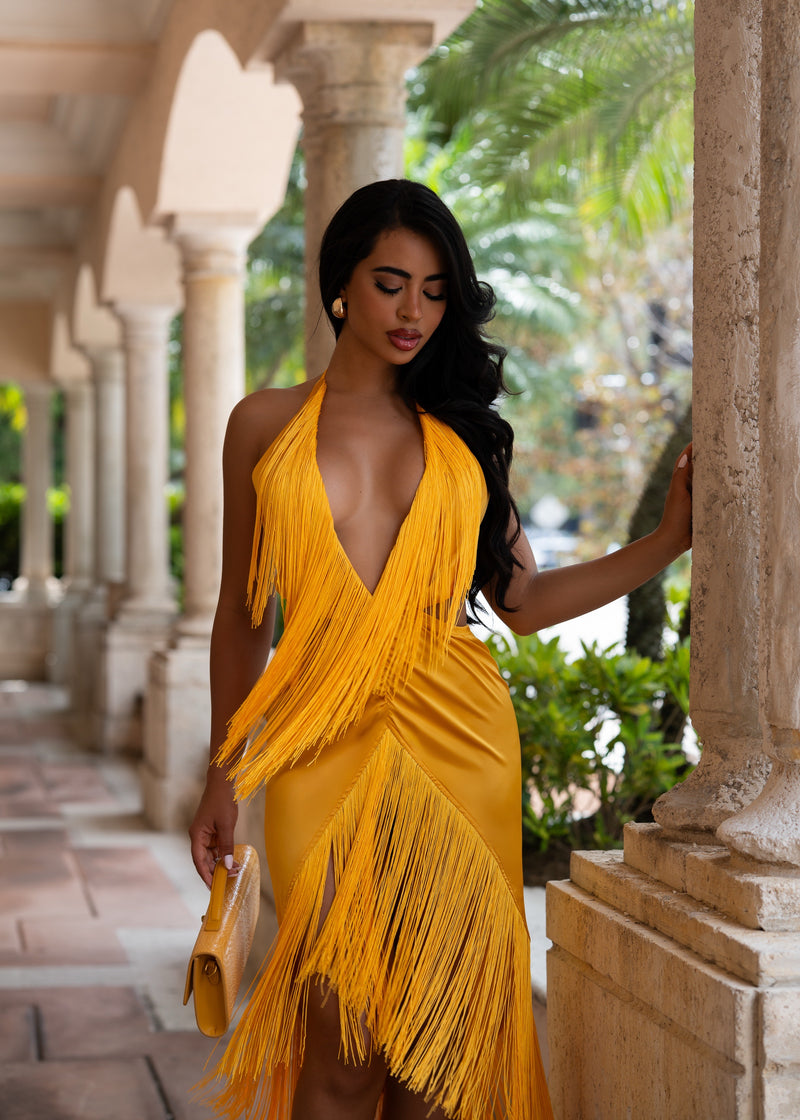 Rhythm & Desire Satin Fringe Midi Dress Yellow