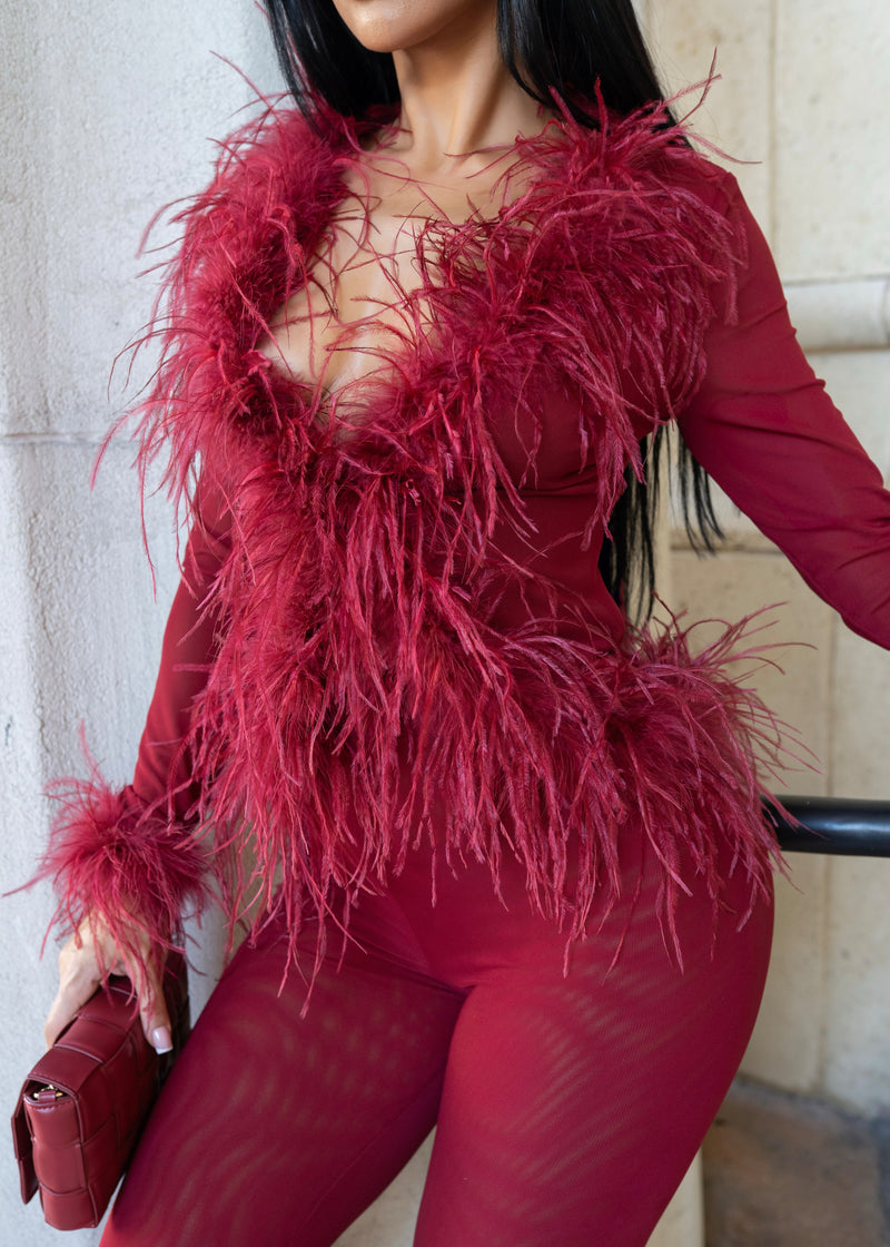 Midnight Impulse Feather Mesh Pant Set Red *PRE ORDER*