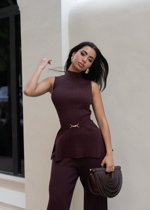 The Draped Aura Ribbed Pant Set Brown