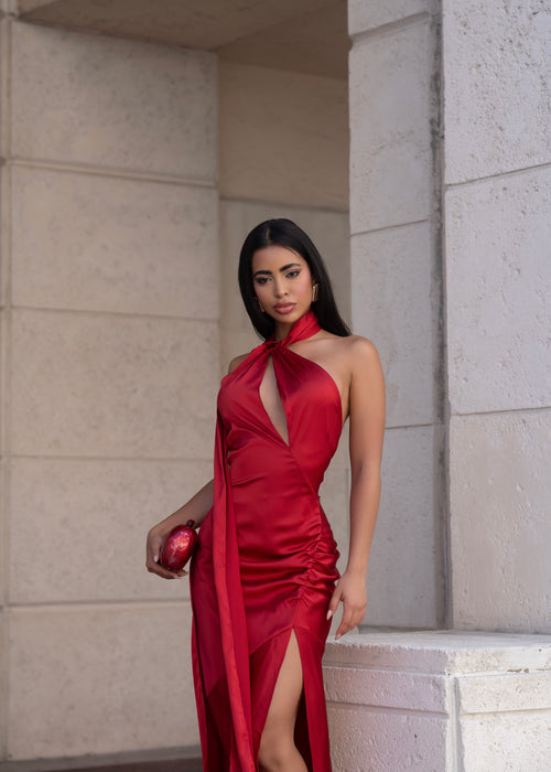 Oblique Grace Ruched Satin Maxi Dress Red