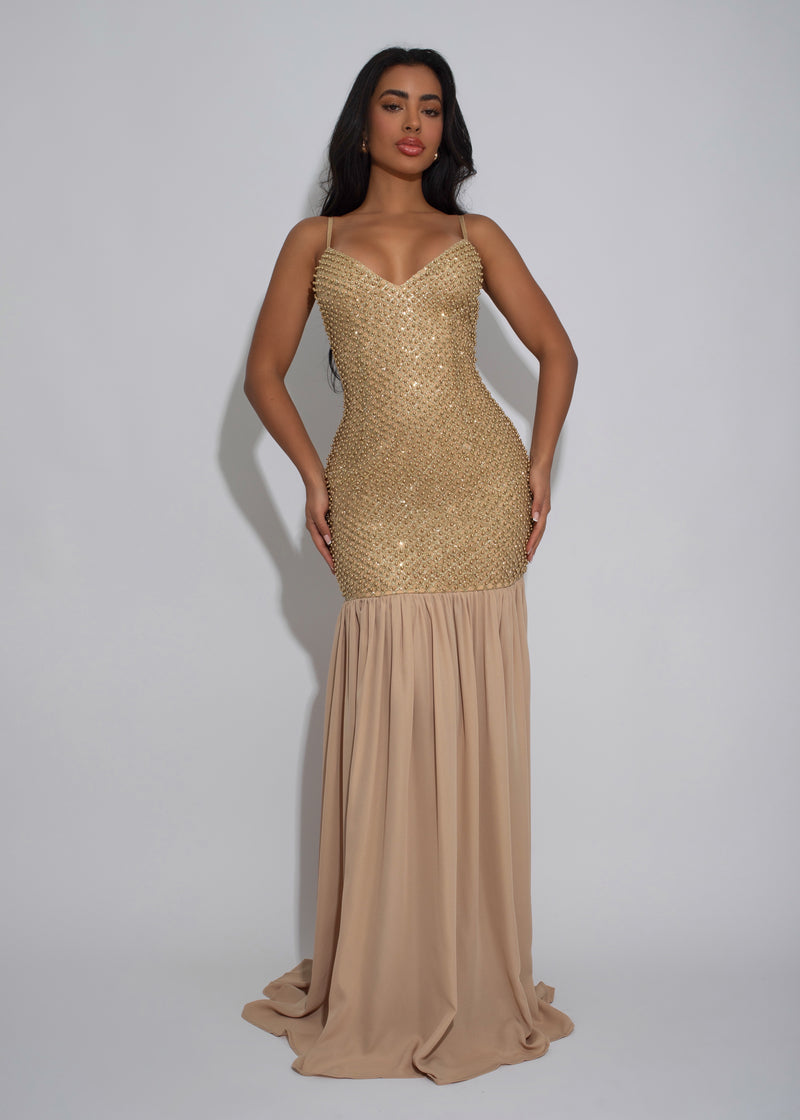 Petal Sequence Glitter Maxi Dress Gold