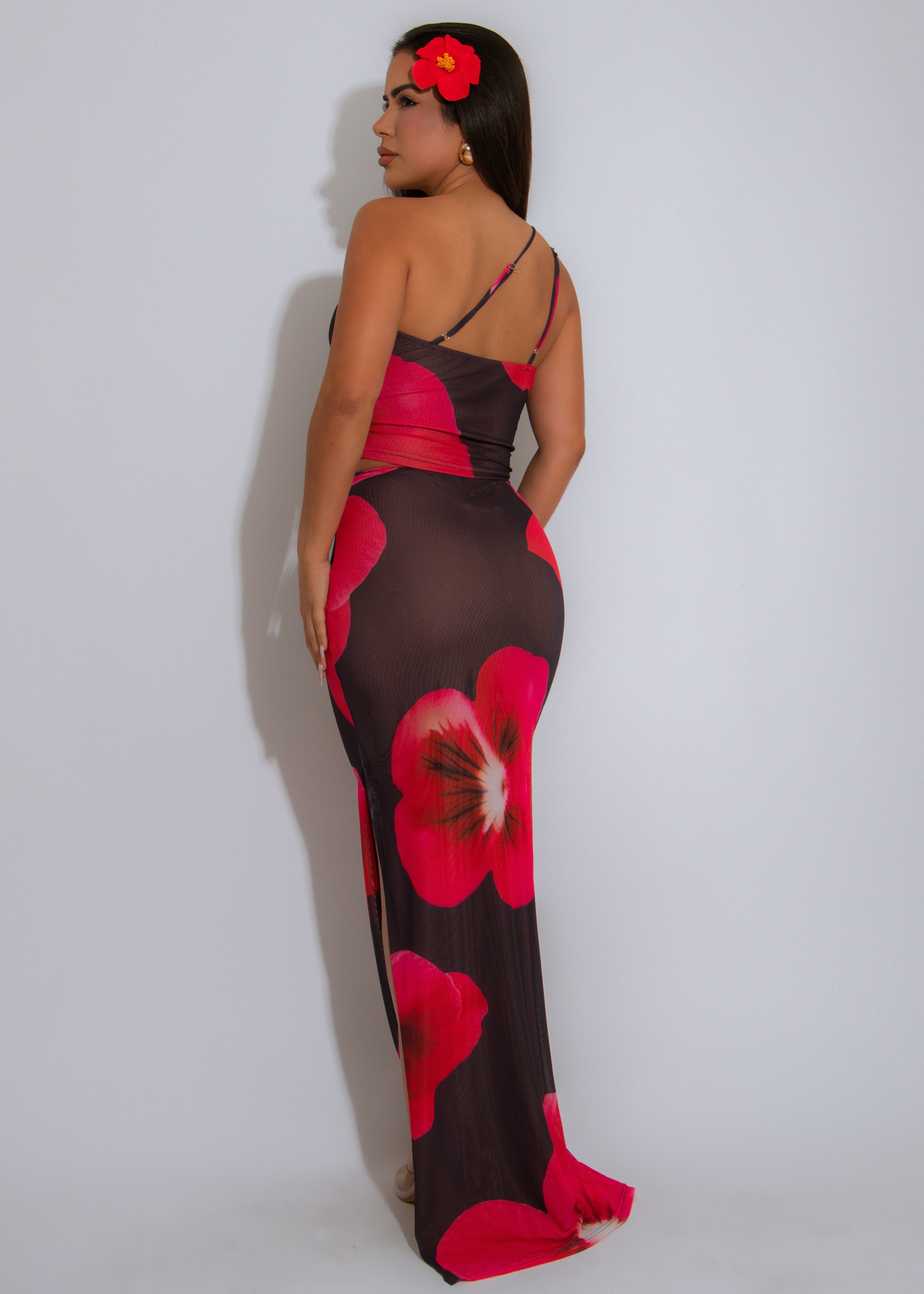 Hibiscus Heat Mesh Floral Skirt Set Red