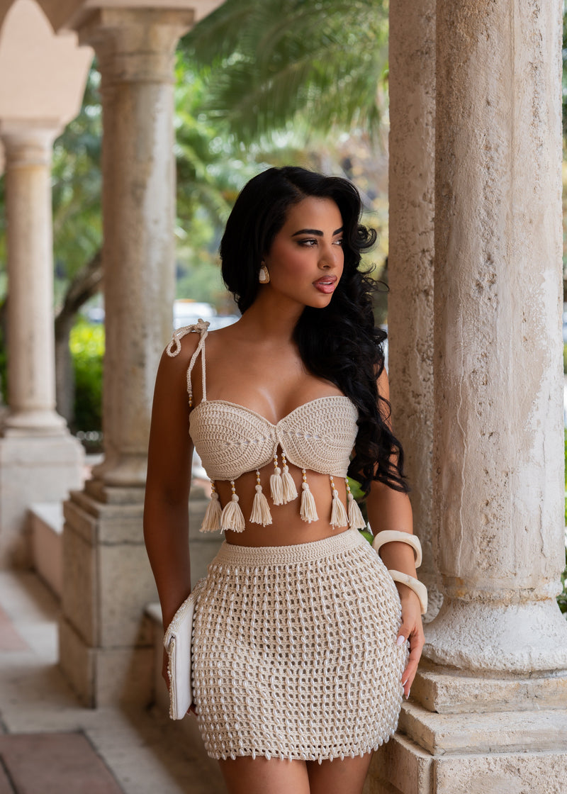 Oracle of Desire Crochet Pearls Skirt Set Nude