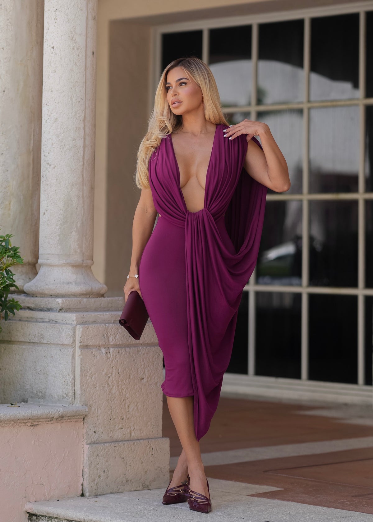 Undone Desire Ruched Midi Dress Burgundy
