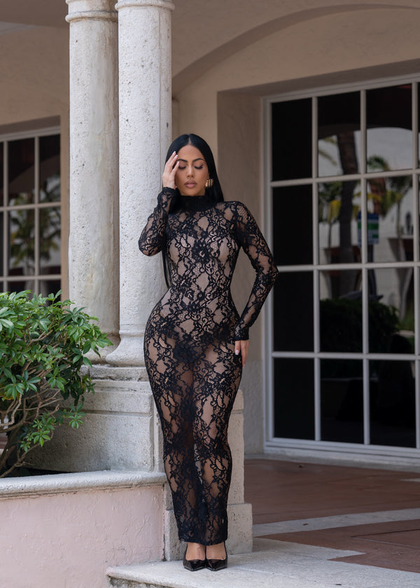 Forbidden Fantasy Floral Lace Maxi Dress Black