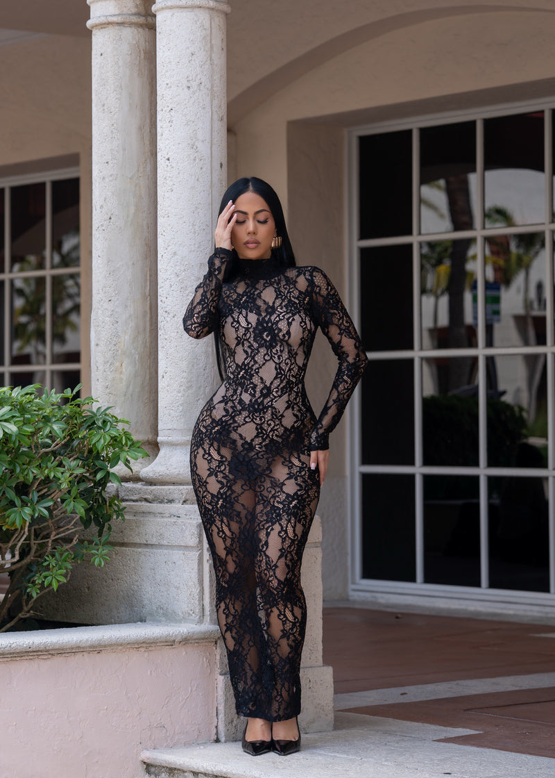 Forbidden Fantasy Floral Lace Maxi Dress Black