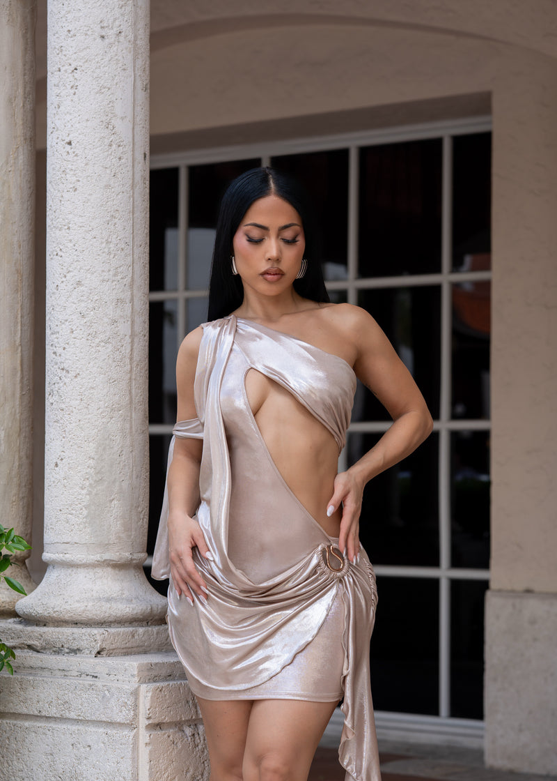 Midnight Temptress Ruched Mini Dress Gold