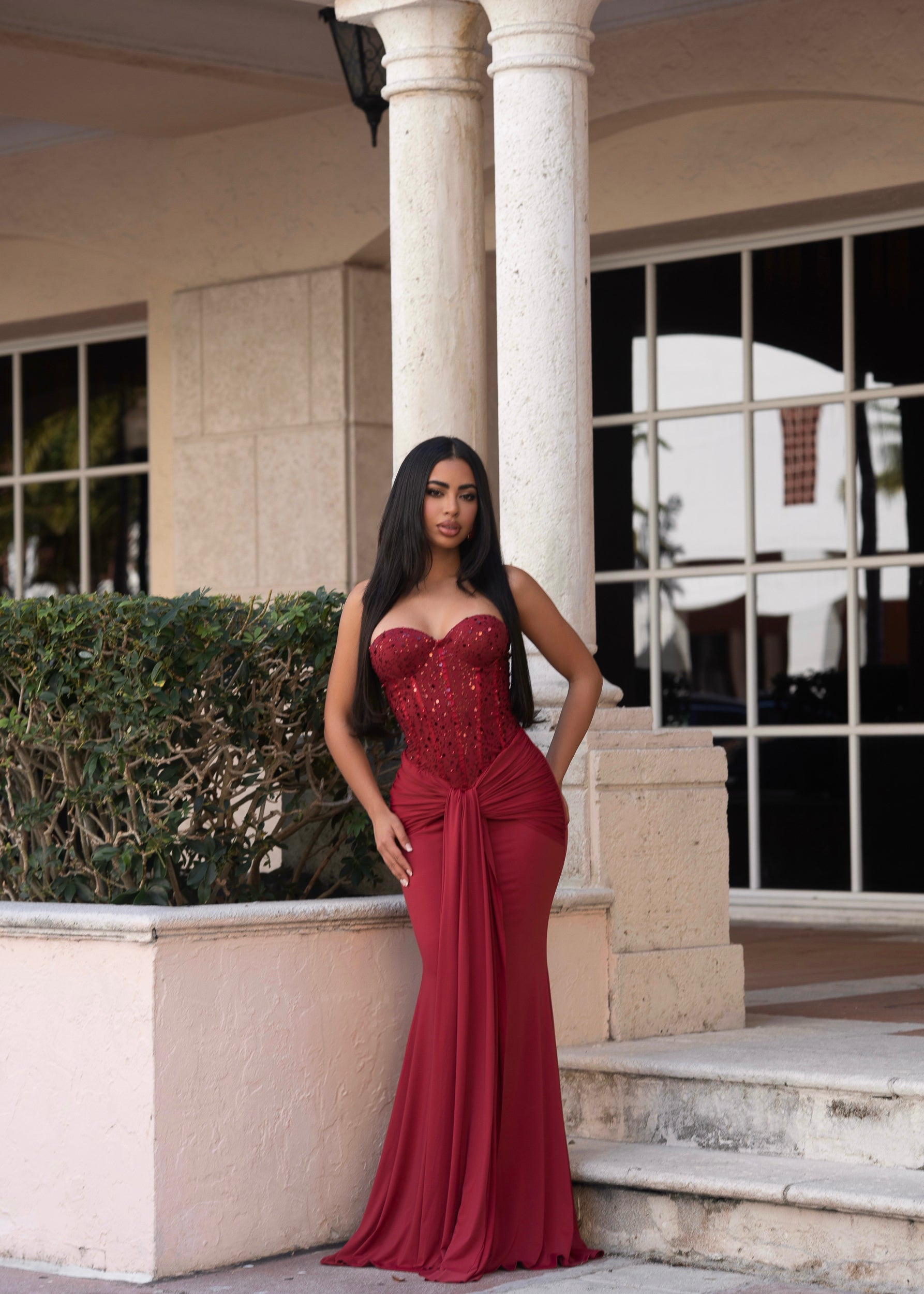 Divine Rupture Sequin Ruched Maxi Dress Red