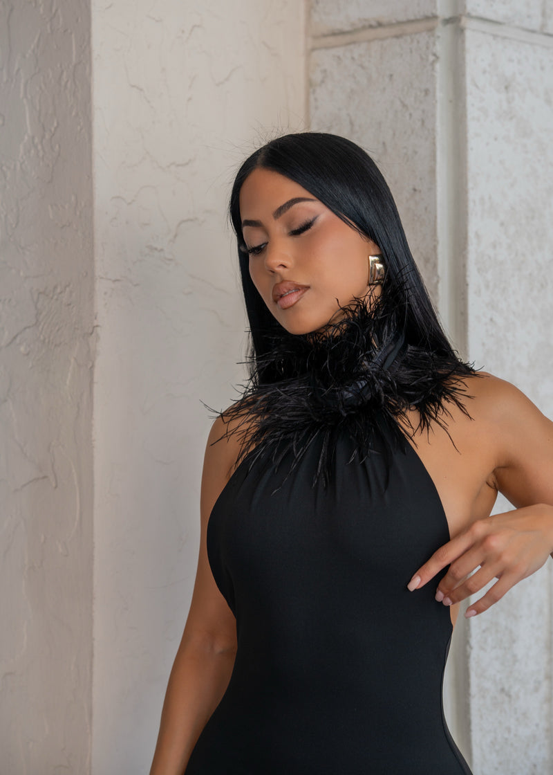 Private Desire Feather Trim Midi Dress Black
