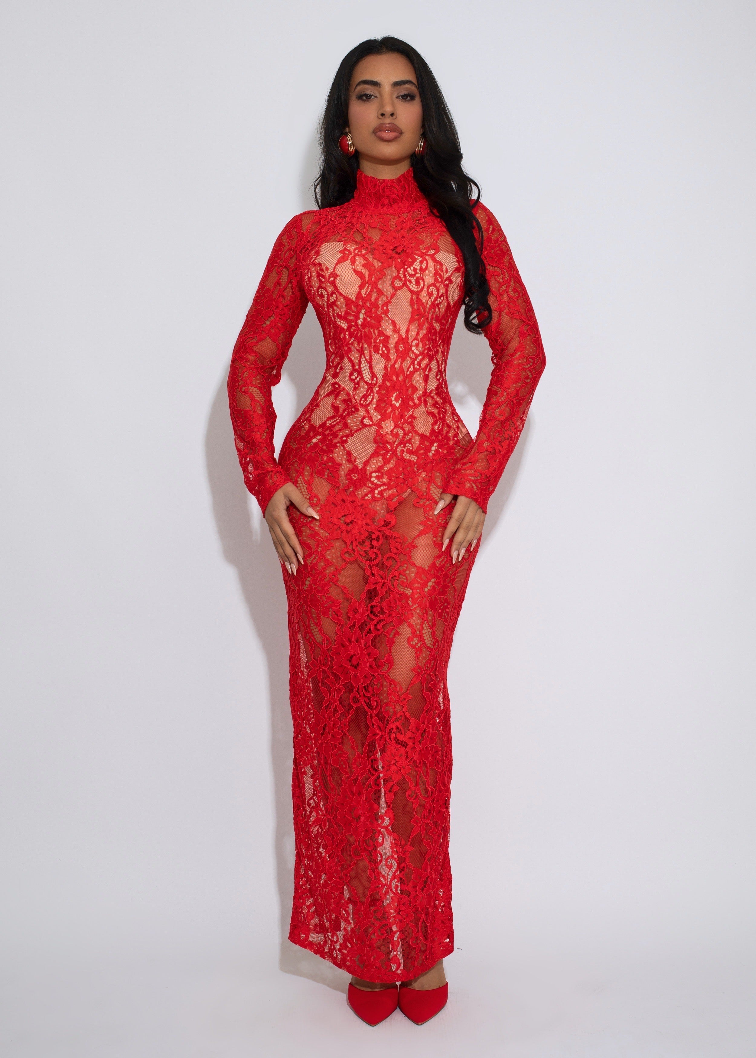 Forbidden Fantasy Floral Lace Maxi Dress Red