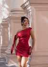 Saffron Muse Ruched Satin Mini Dress Red
