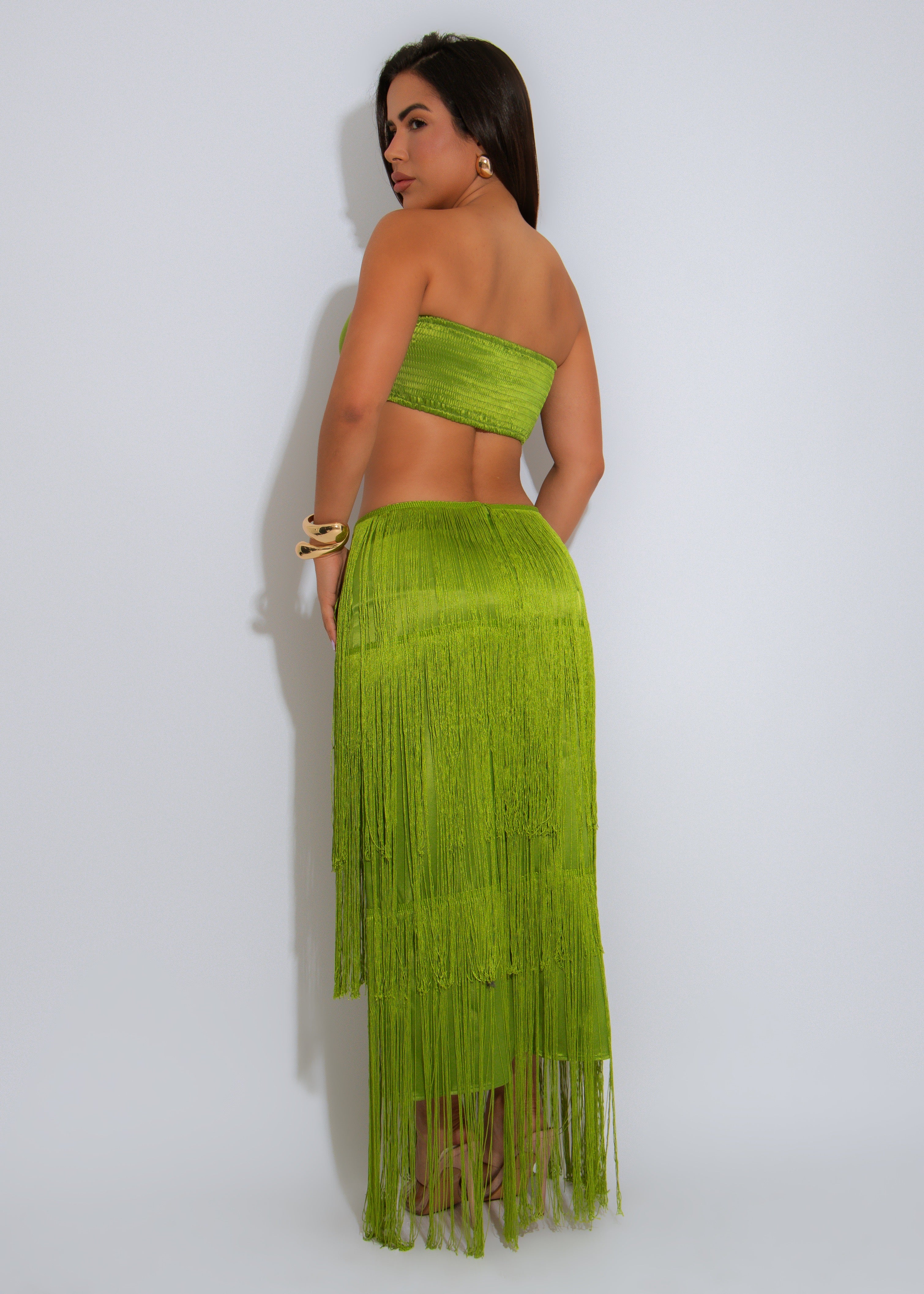 Tropic Dusk Satin Rhinestones Skirt Set Green