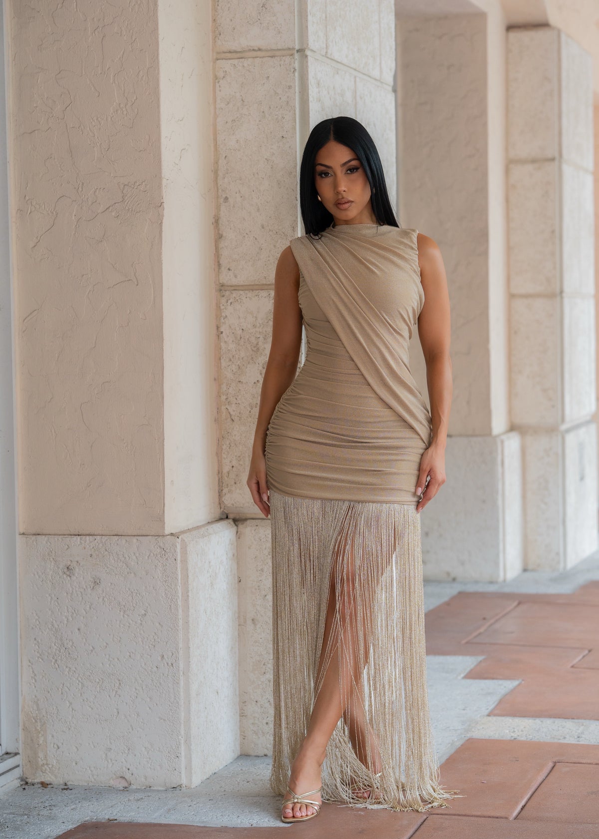 Midnight Sins Ruched Fringe Maxi Dress Gold