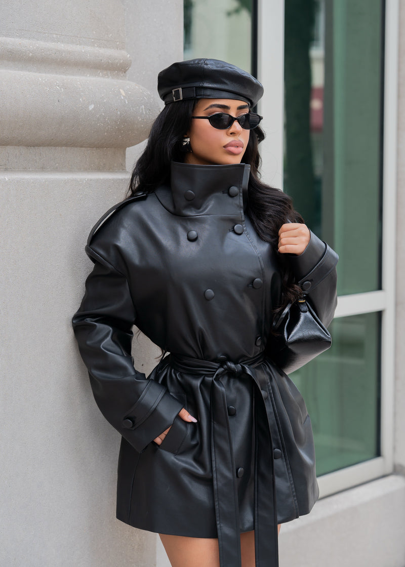 Sinful Intentions Faux Leather Mini Coat Dress Black
