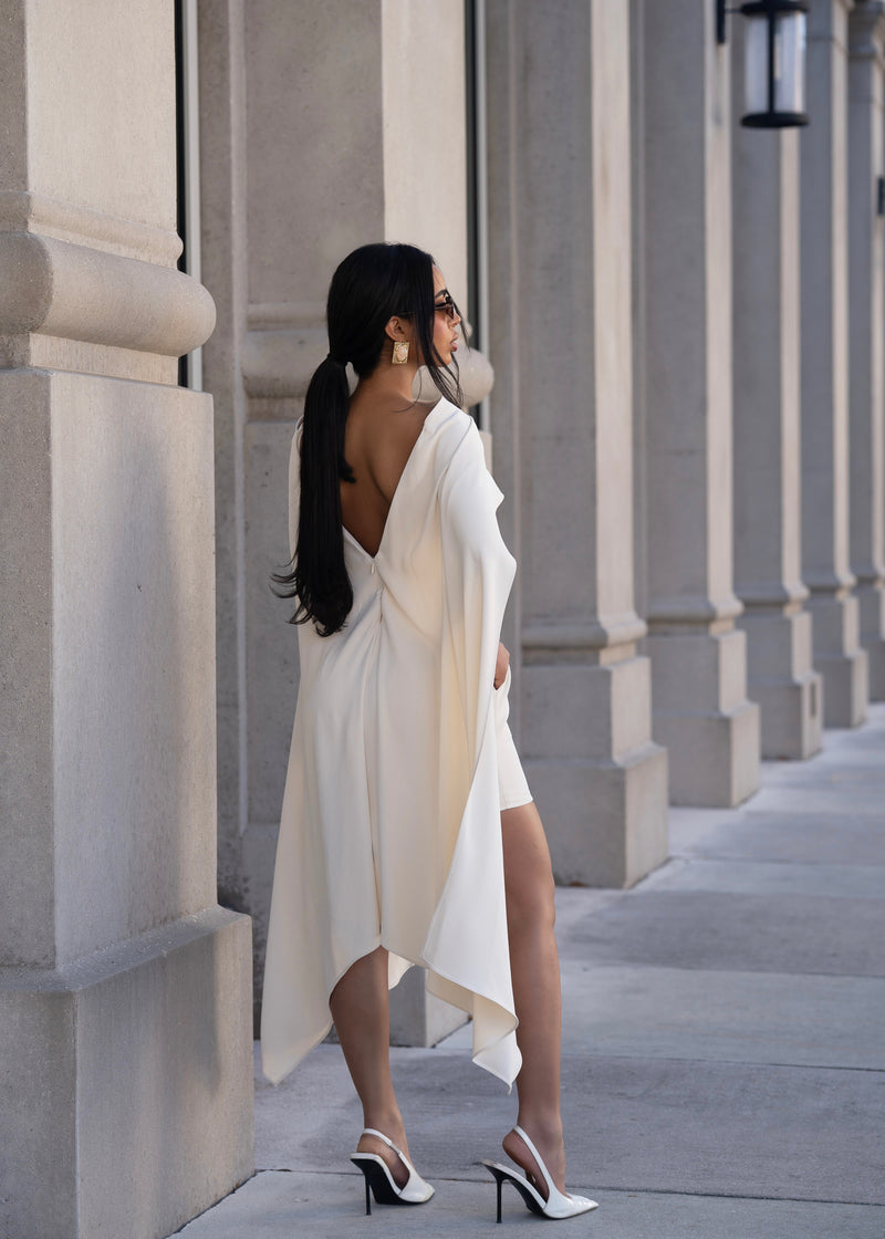 Structured Veil Cape Mini Dress Nude
