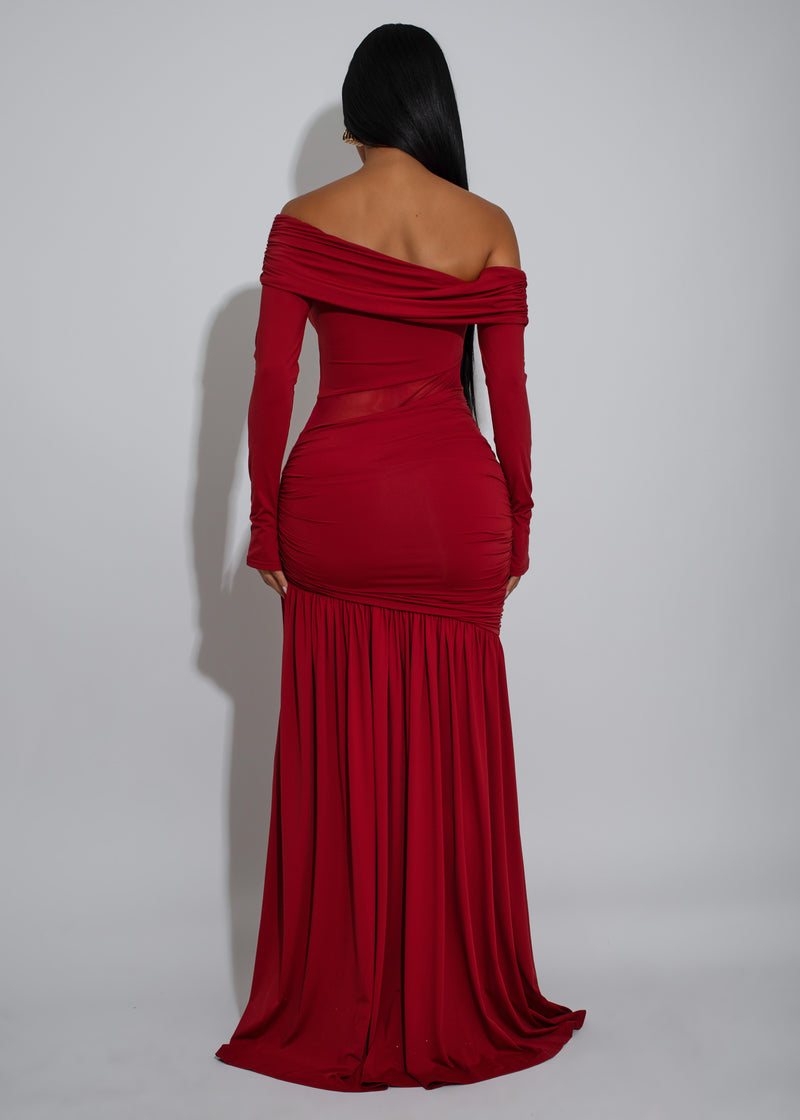 Divine Ruched Aura Mesh Maxi Dress Red
