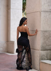 Veiled Intention Floral Lace Ruched Maxi Dress Black