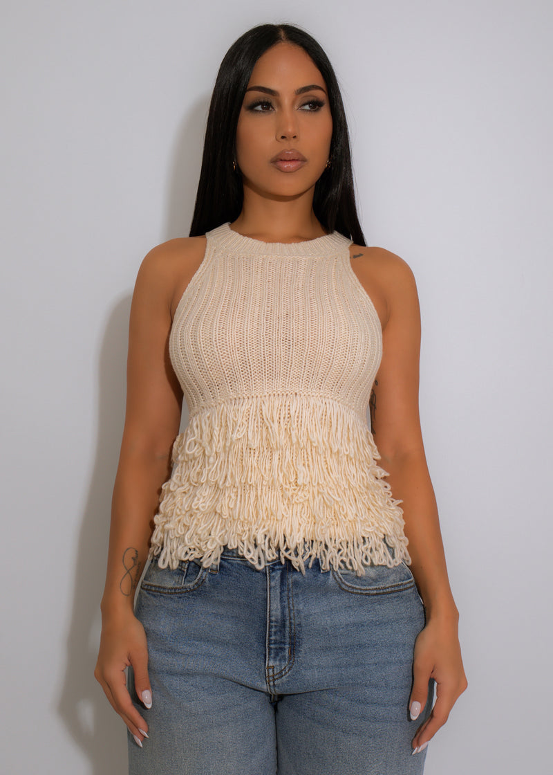 Fringe Flow Knit Long Top Nude