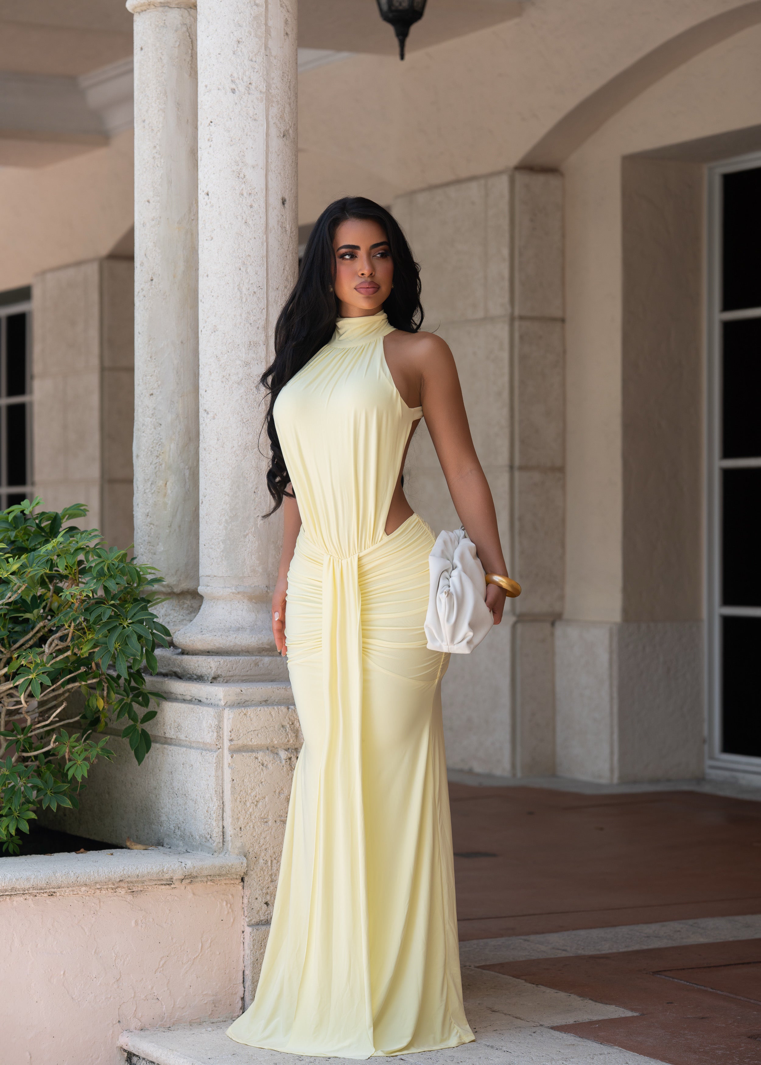 Veil of Temptation Ruched Maxi Dress Yellow