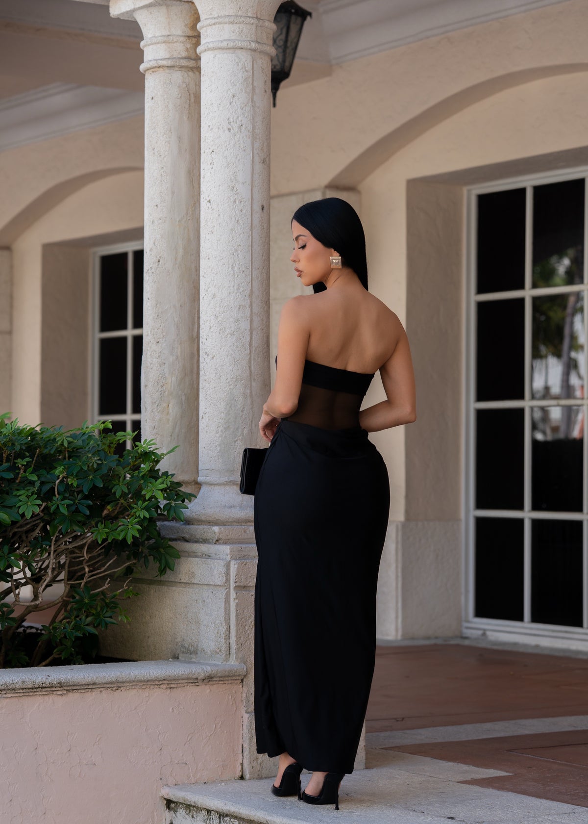 Unspoken Elegance Ruched Mesh Maxi Dress Black