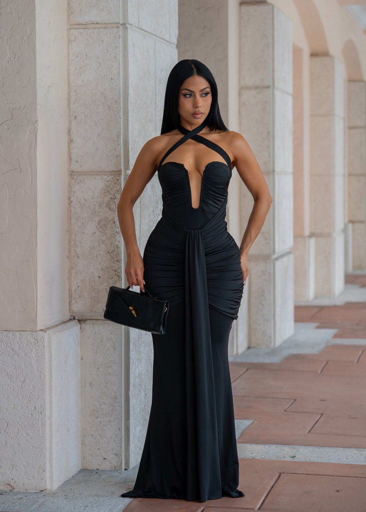 L'Art de Séduction Ruched Maxi Dress Black