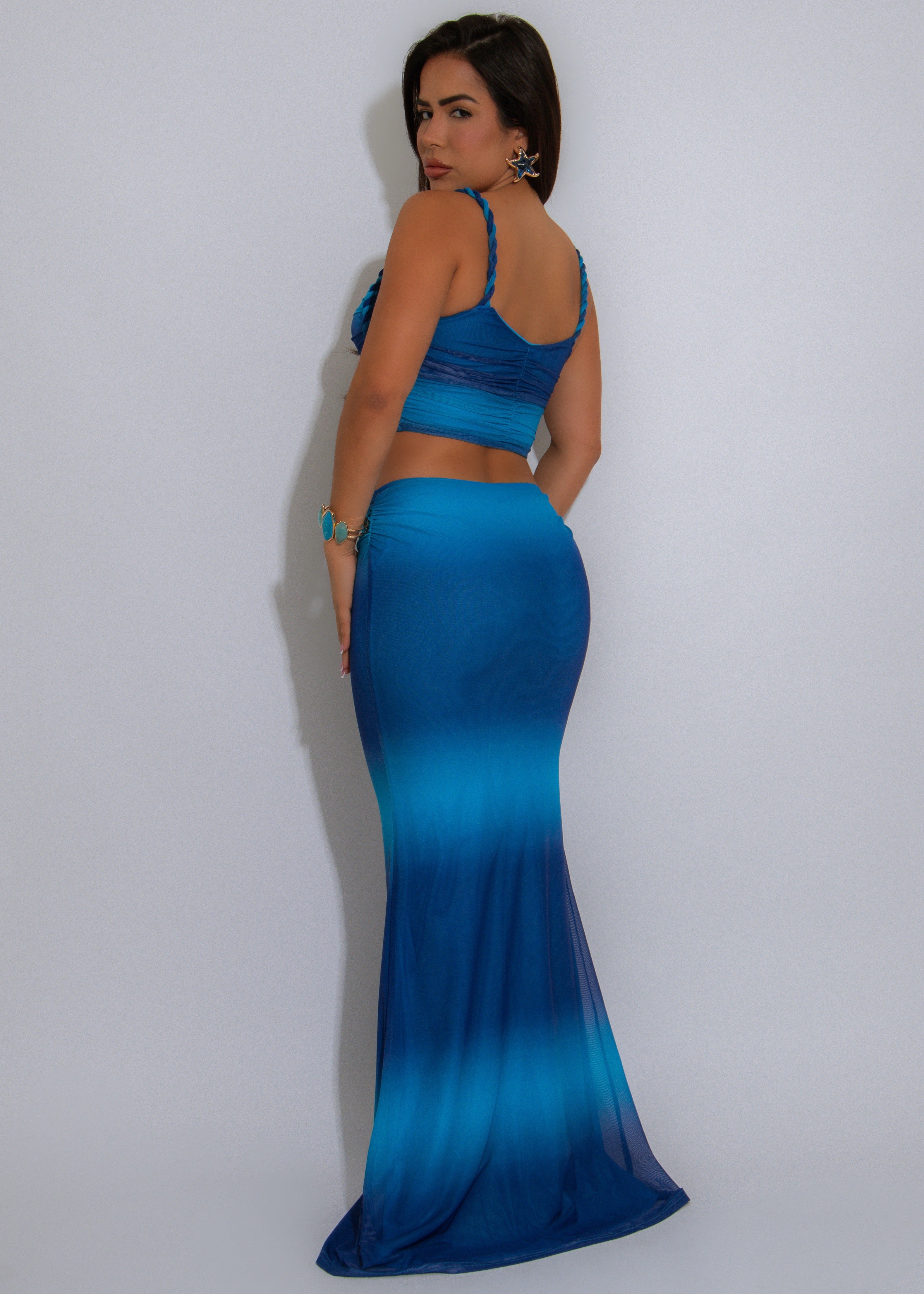 Tropic Twirl Mesh Ruched Skirt Set Blue