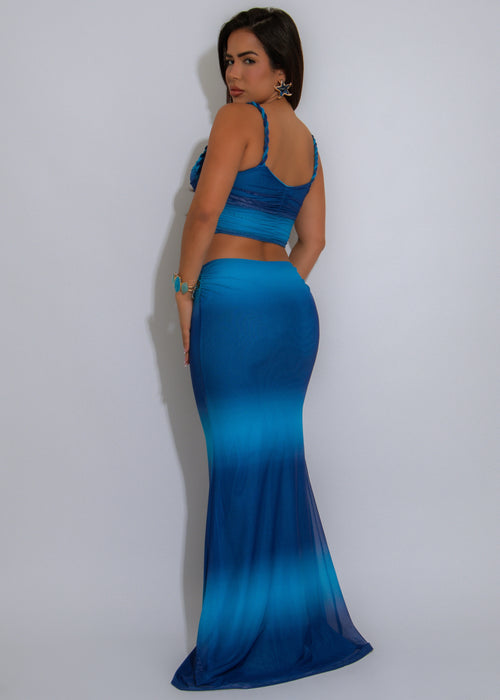Tropic Twirl Mesh Ruched Skirt Set Blue