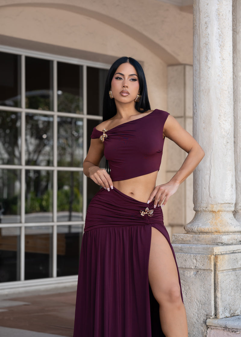 Opulence Bloom Ruched Skirt Set Red