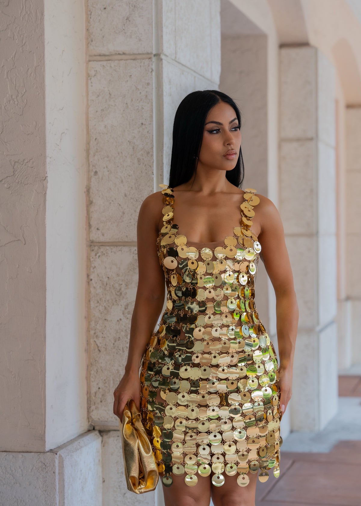 Golden Effect Sequin Chain Mini Dress Gold