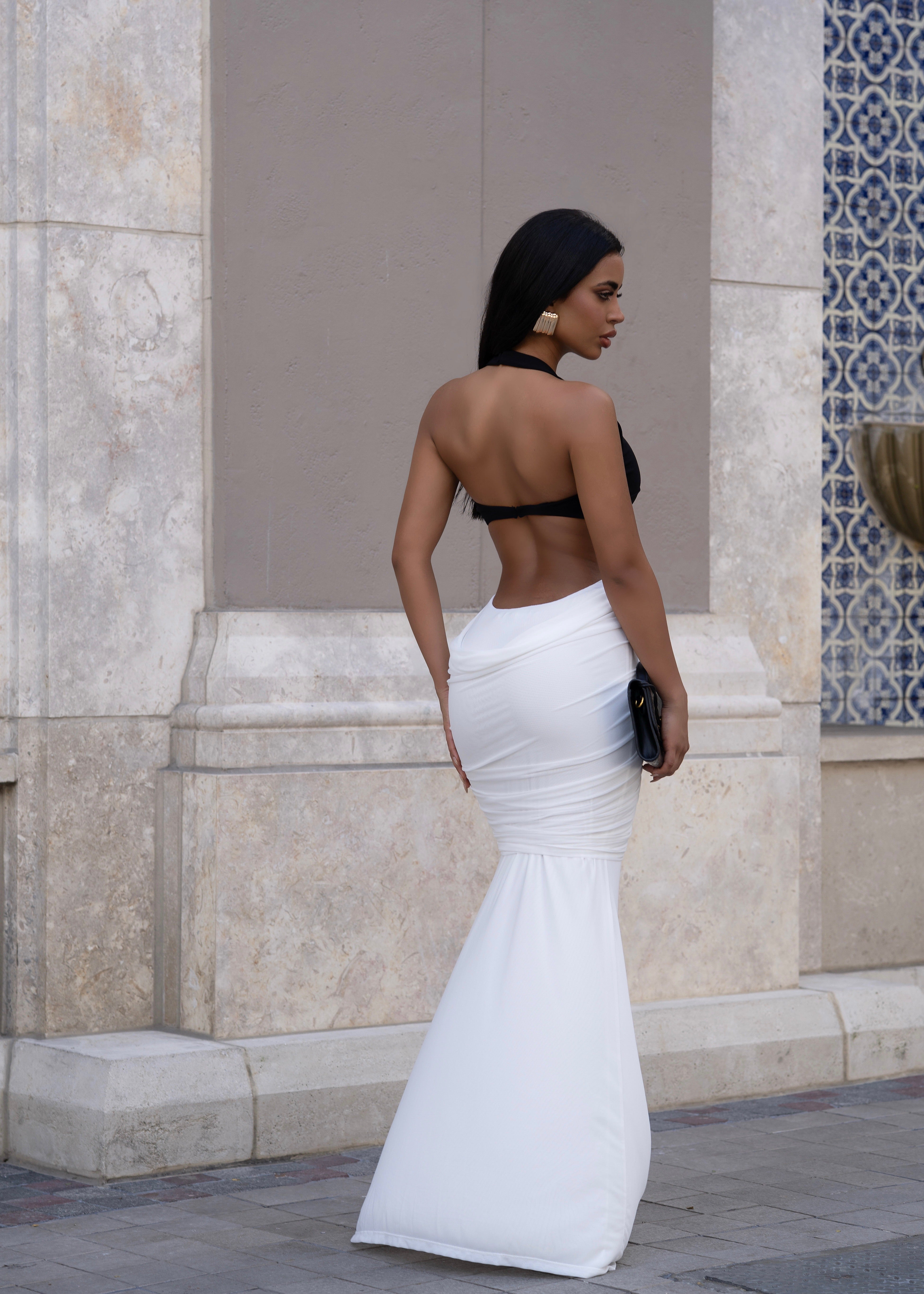 Noir Mirage Mesh Ruched Maxi Dress Black