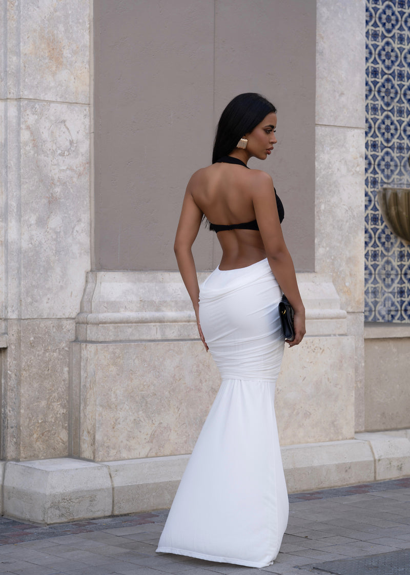 Noir Mirage Mesh Ruched Maxi Dress Black