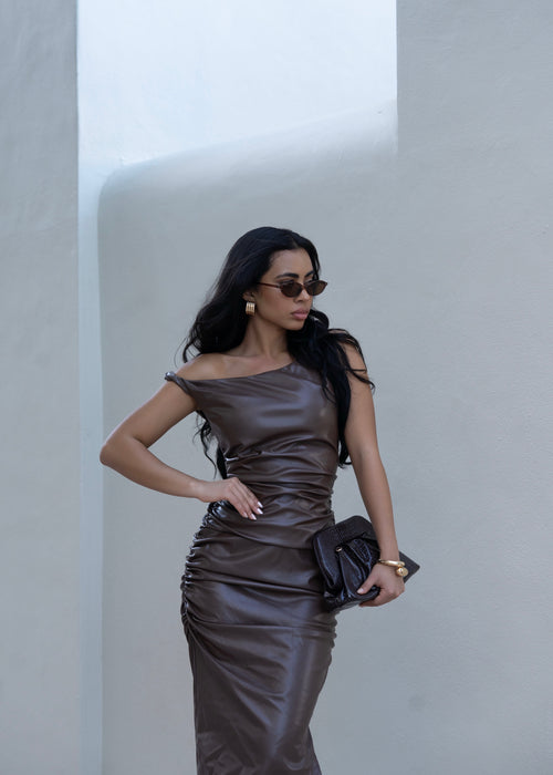 Oblique Line Faux Leather Ruched Midi Dress Brown