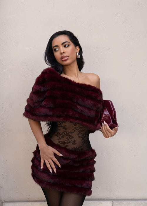 Winter Siren Faux Fur Lace Mini Dress Red