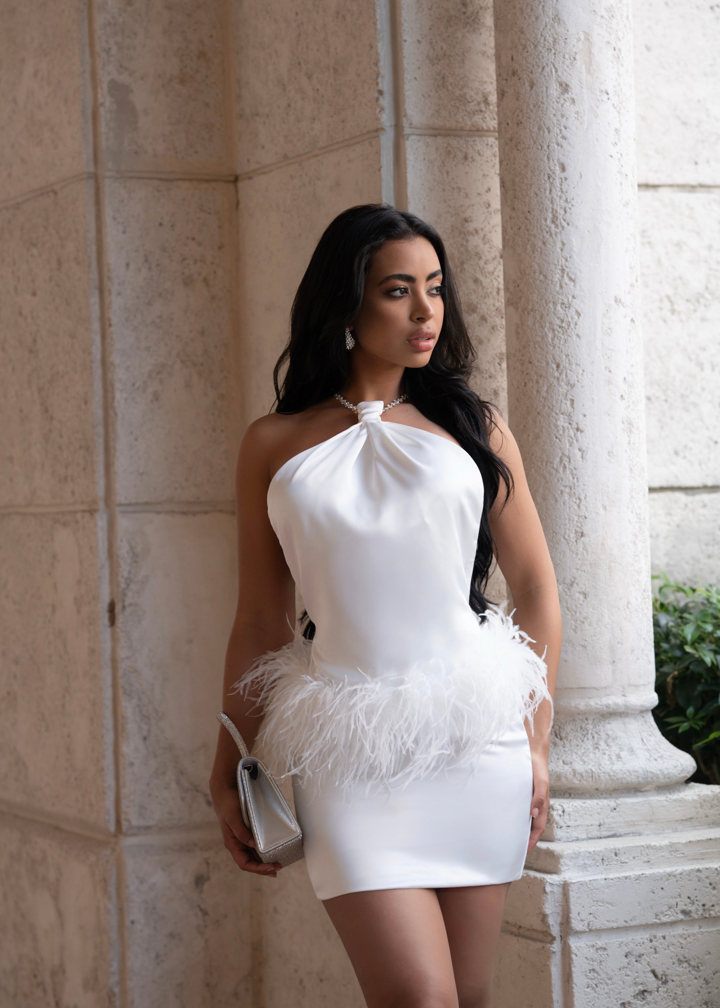 Moonlit Reverie Satin Rhinestone Mini Dress White