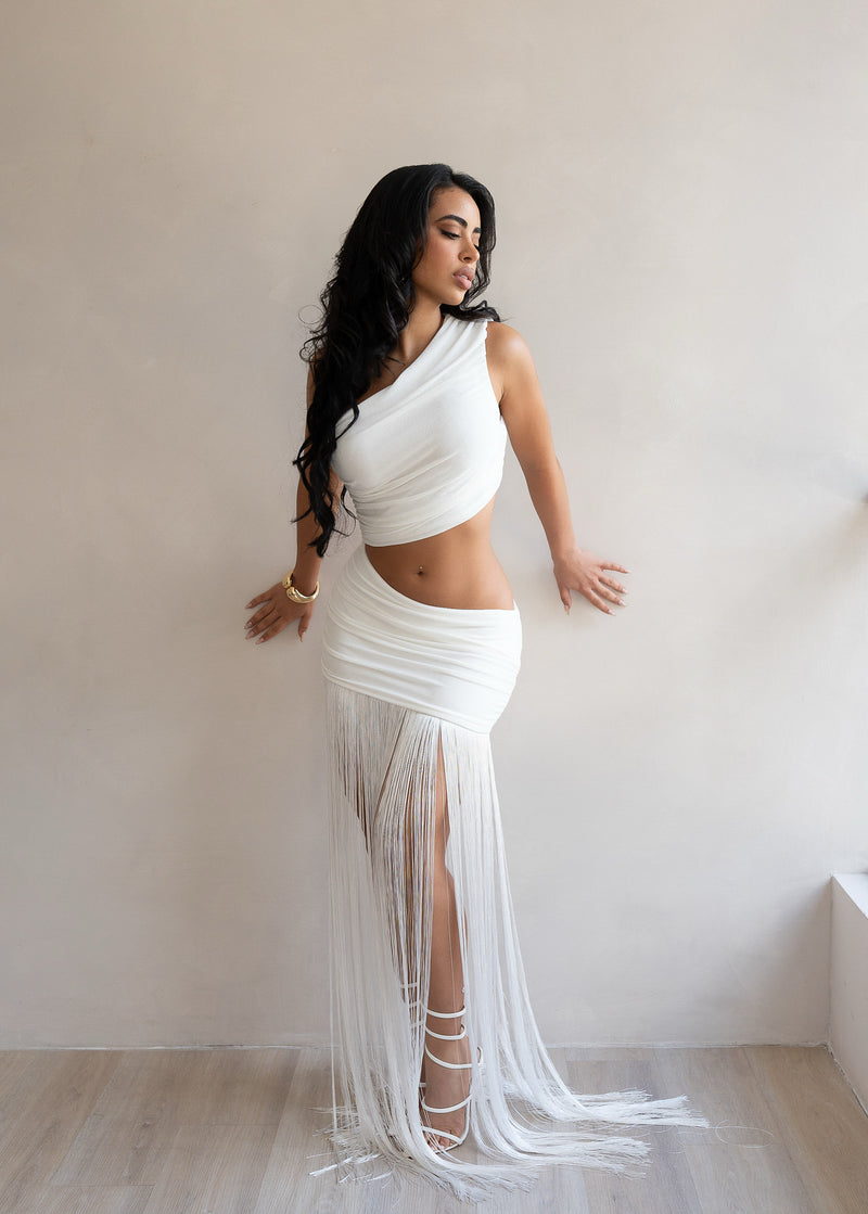 Sensuelle Command Fringes Ruched Maxi Dress White