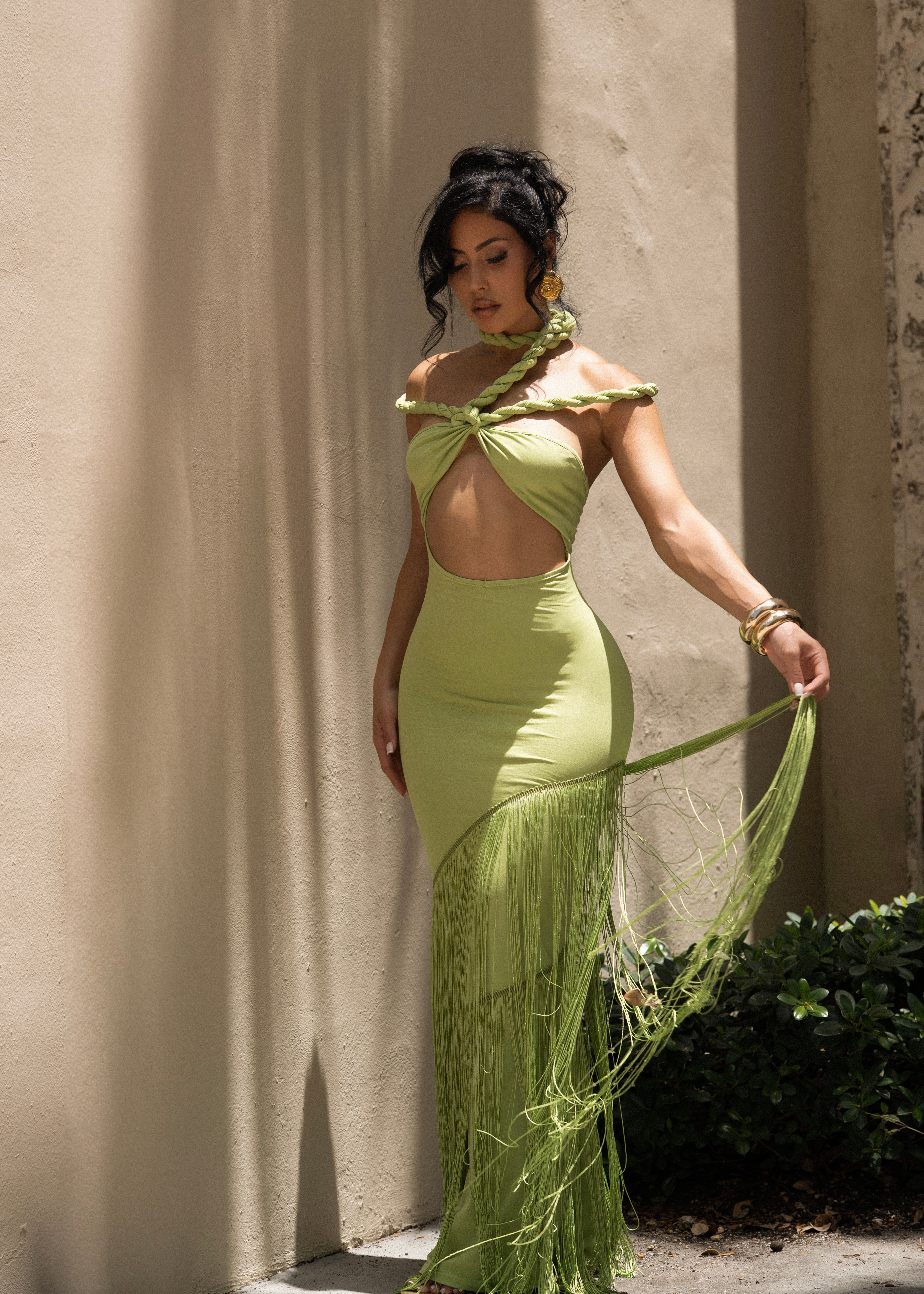 Coastal Rhythm Fringes Maxi Dress Green