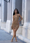 Bright Light Mesh Rhinestones Mini Dress Gold