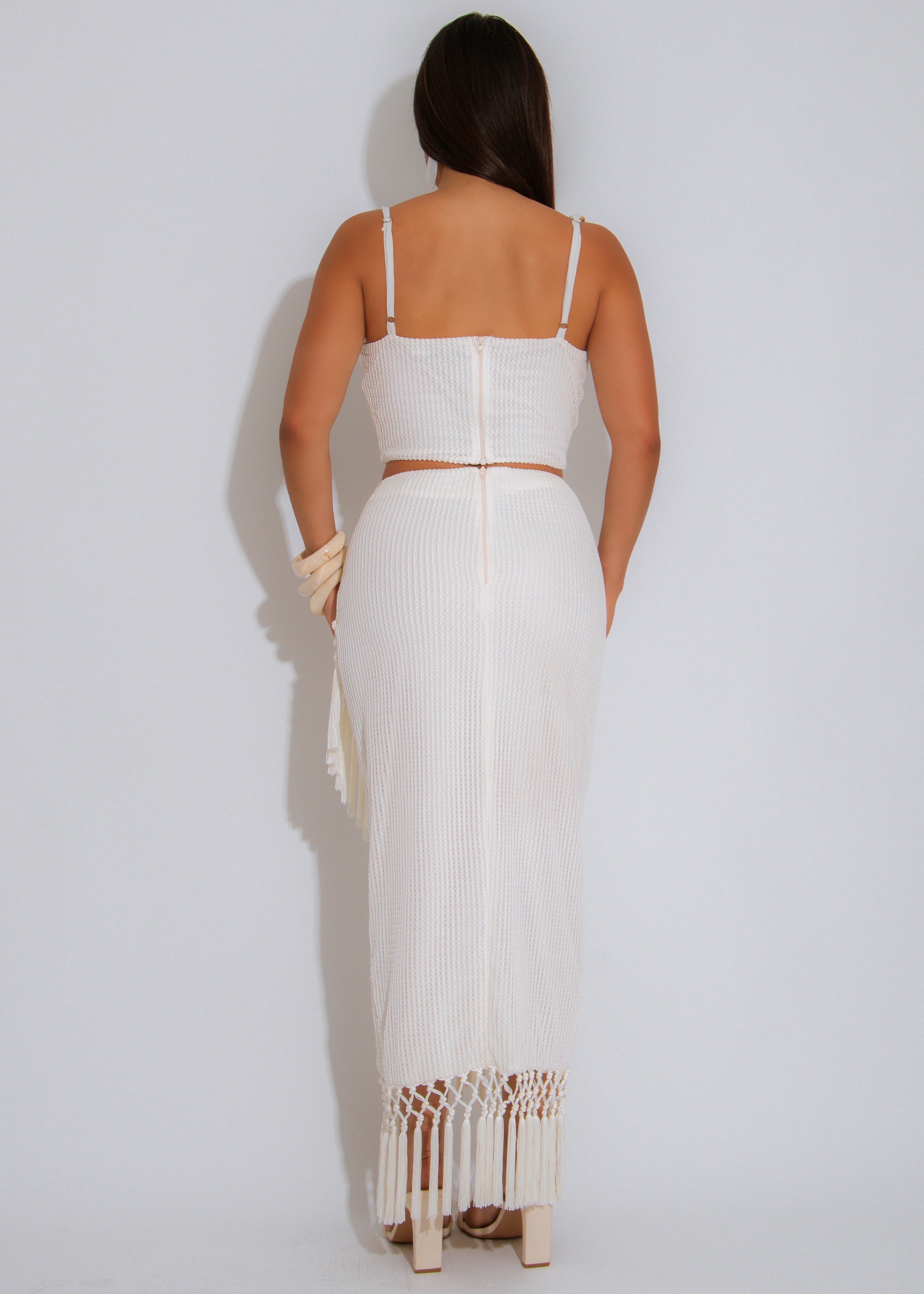 Sunkissed Fringe Knit Skirt Set White