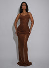 Goddess Sway Rhinestones Ruched Maxi Dress Brown