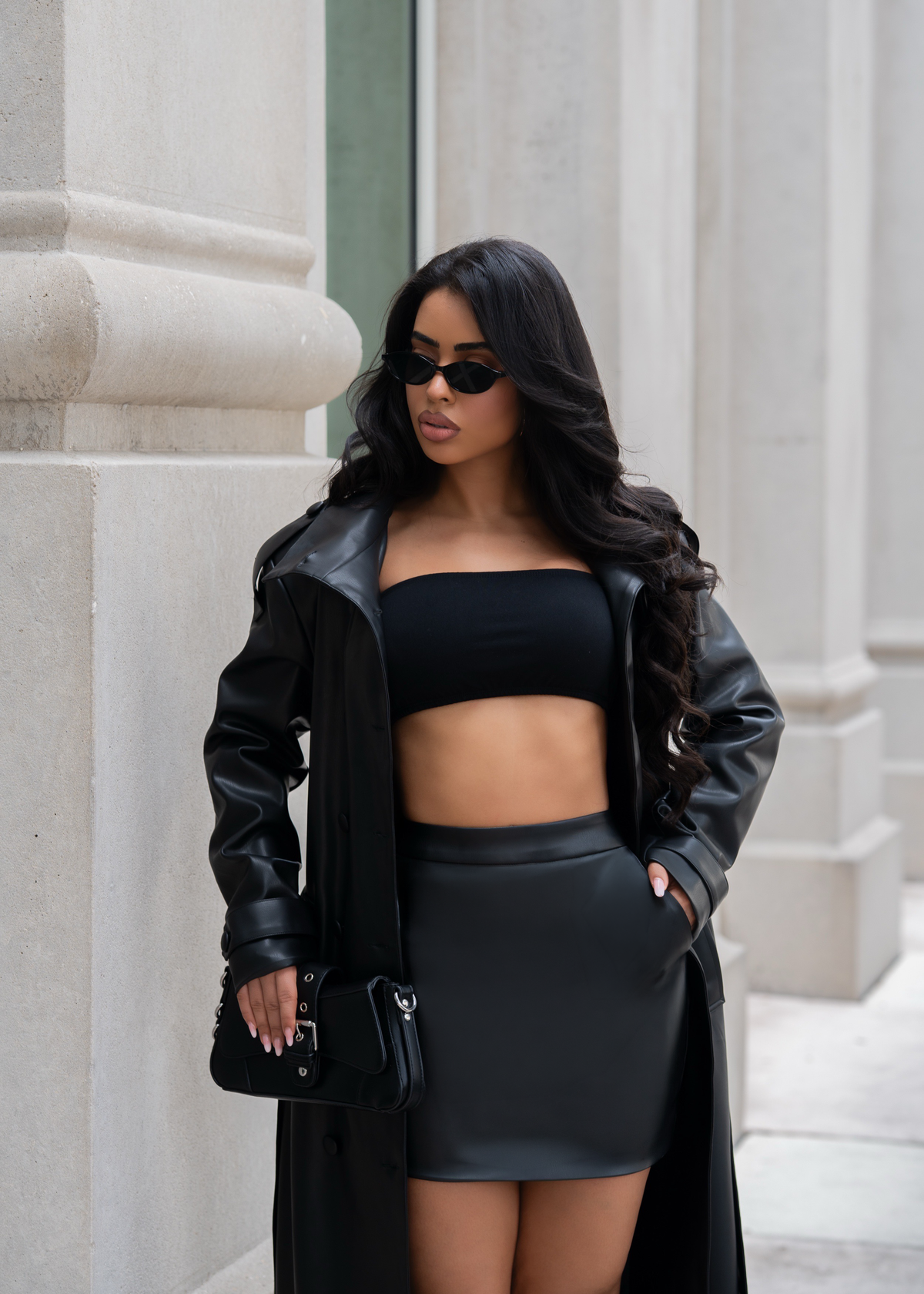 Privé Obsession Faux Leather Coat Set  Black
