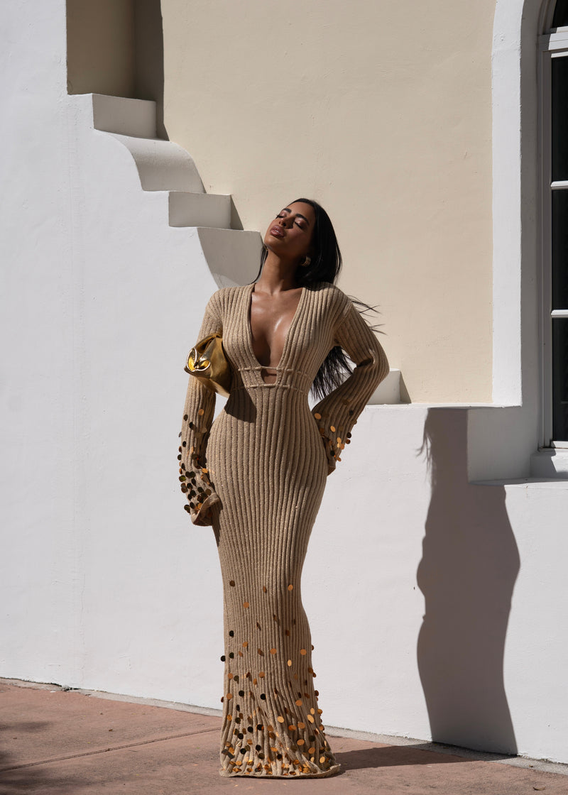 Solstice Glow Knit Sequin Maxi Dress Gold
