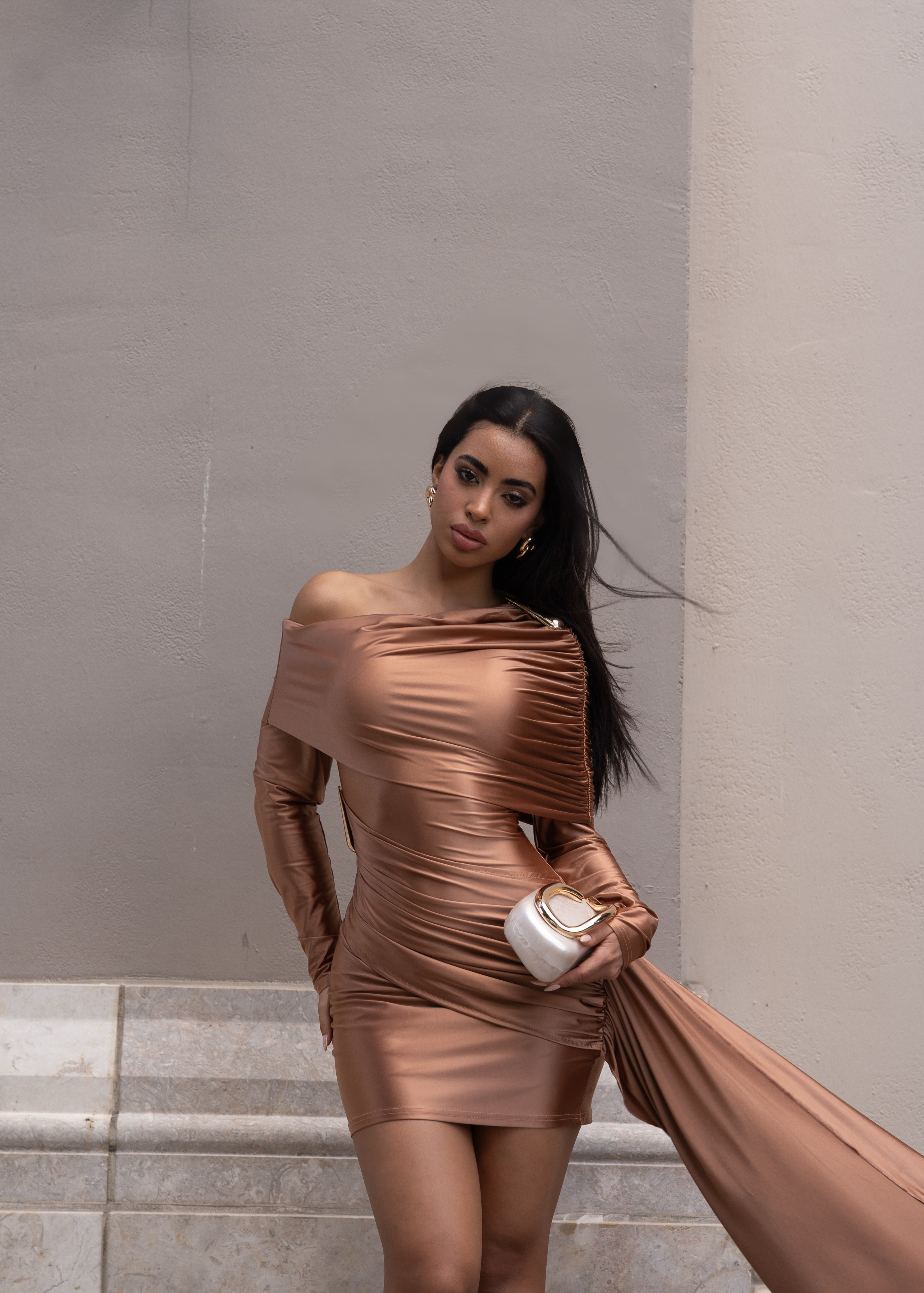 Veiled Motion Ruched Mini Dress Brown