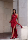 Oblique Grace Ruched Satin Maxi Dress Red